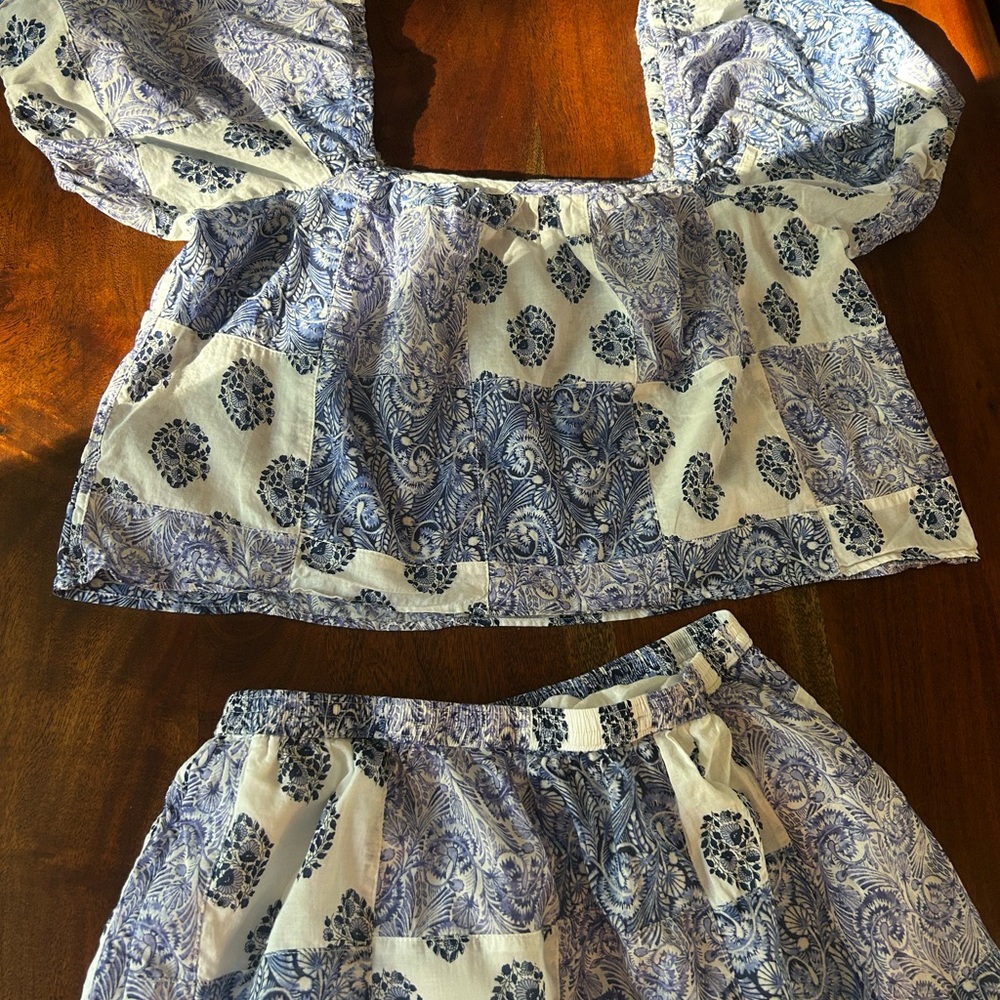 J. Crew Floral Blue and White Top and matching skirt.